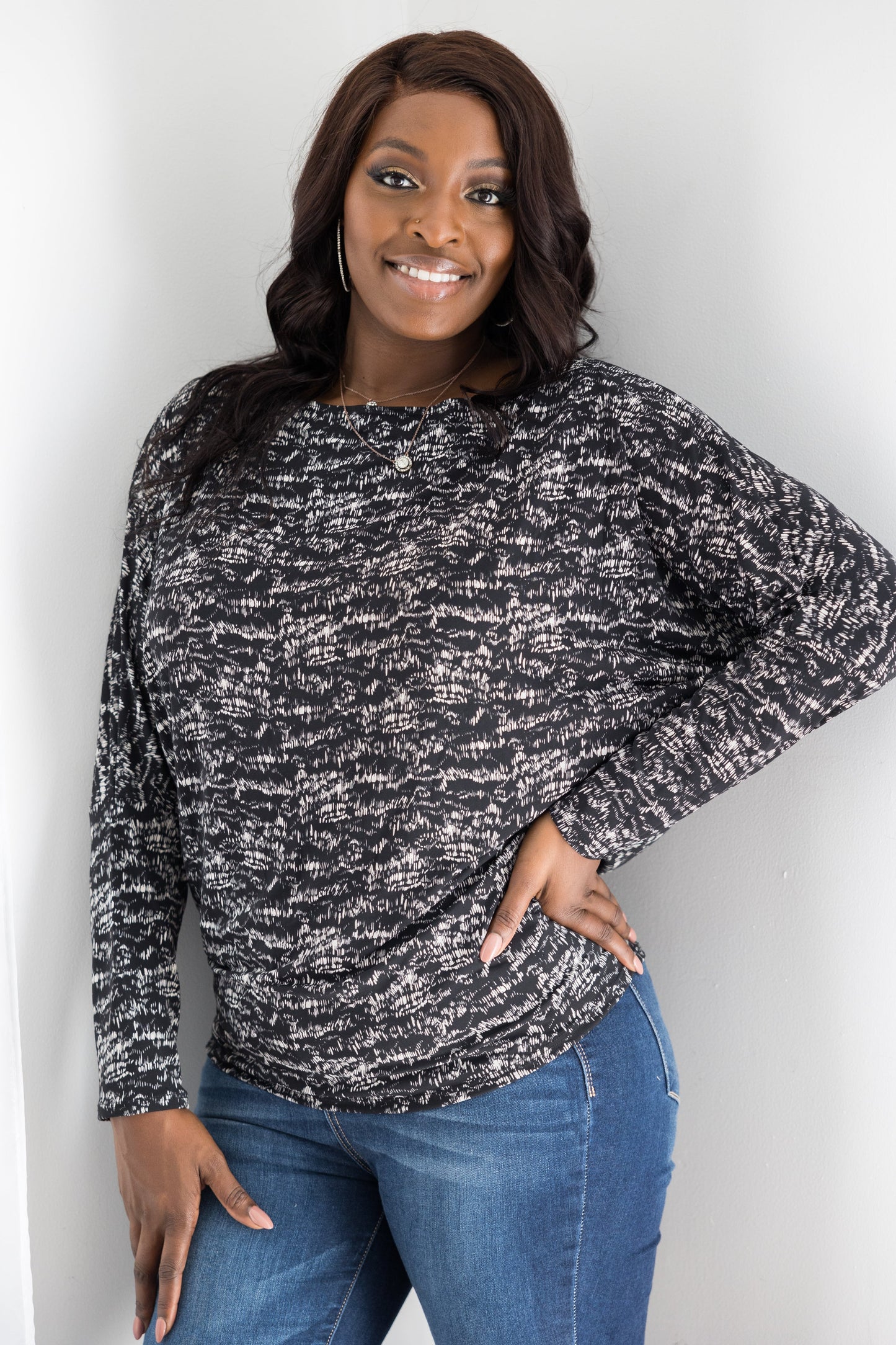 White Birch Salt & Pepper Long Sleeve Dolman