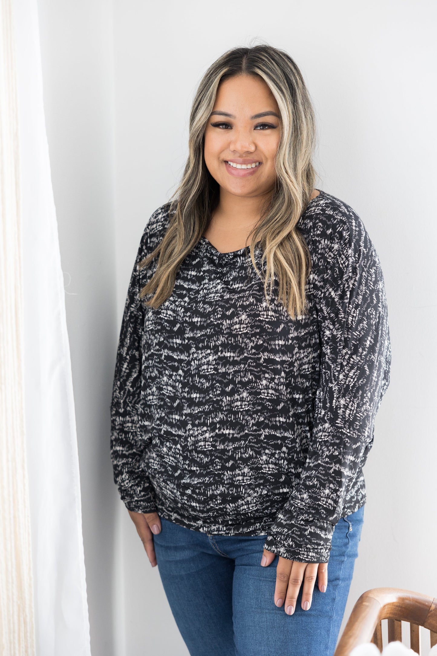 White Birch Salt & Pepper Long Sleeve Dolman