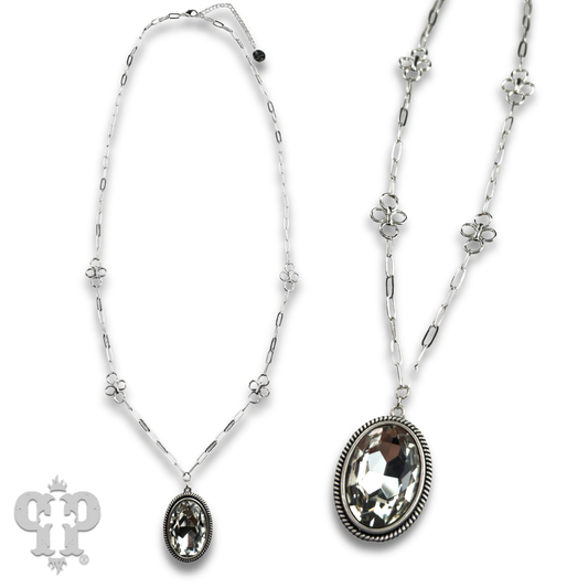Pink Panache Large oval crystal pendant and flower chain necklace