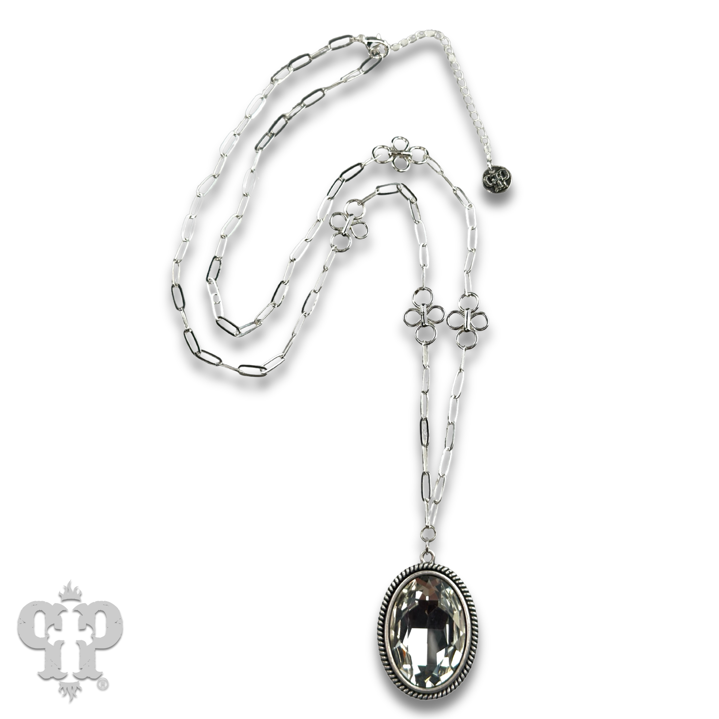 Pink Panache Large oval crystal pendant and flower chain necklace