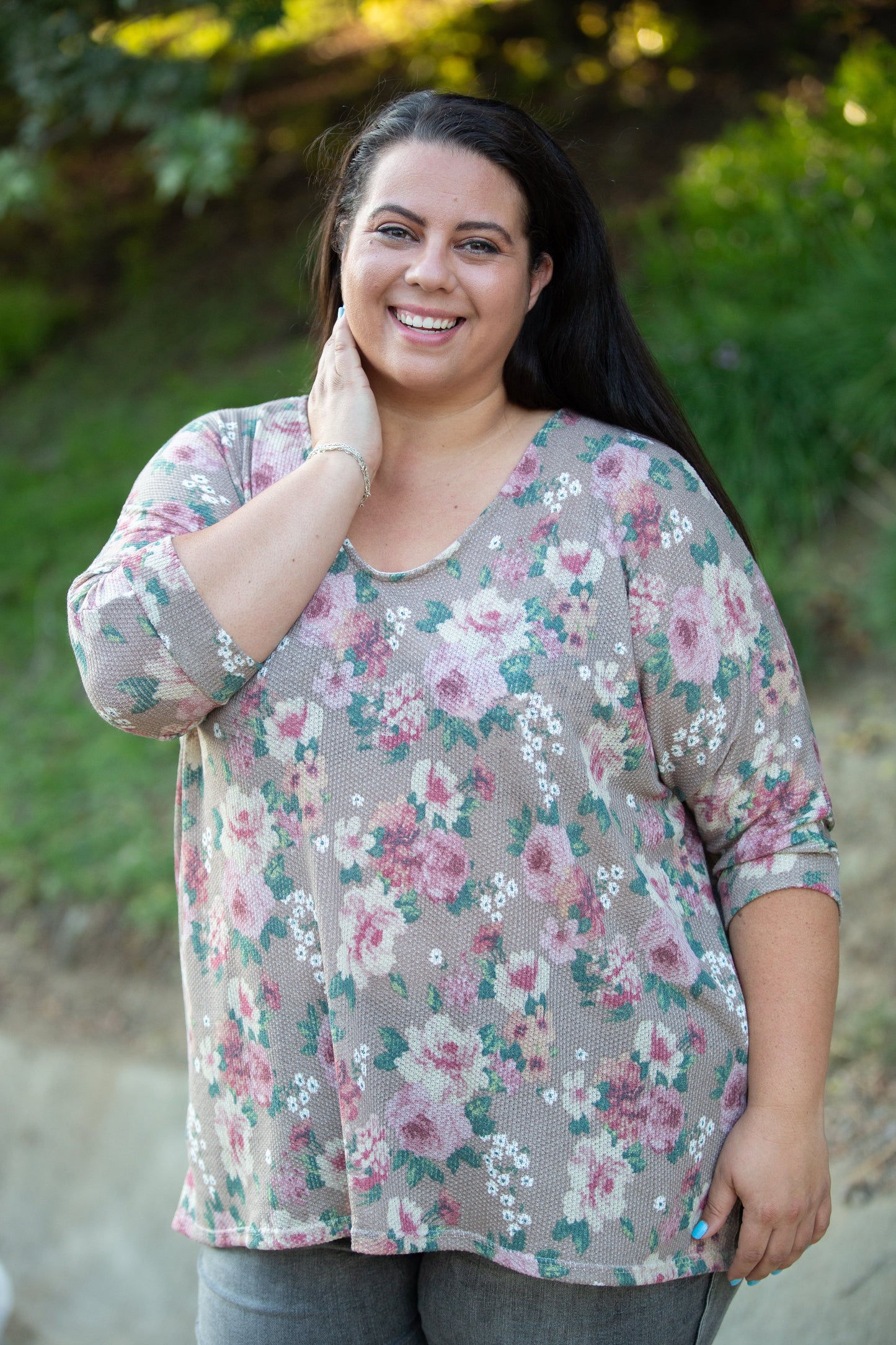 Lovely J Cappuccino Floral 3/4 Sleeve Top